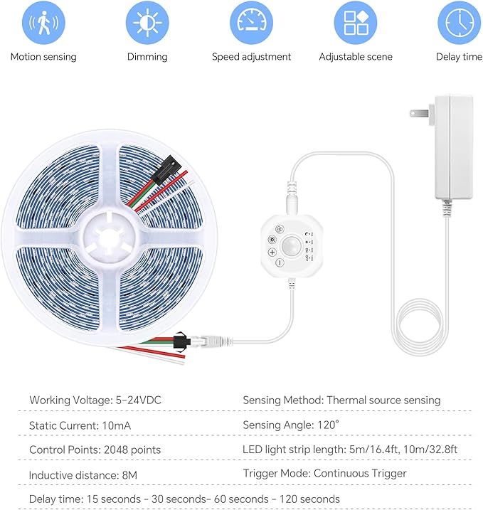 32.8Ft Motion Sensor Running Water Flowing LED Strip Light Kit,6500K White LED Strip Light Cut&Dimmable, 24VMotion Activated Flexible Horse Race Tape Light for Room Stair Corridor
