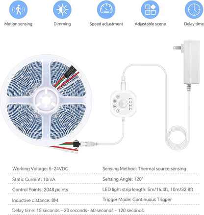 16.4Ft Motion Activated LED Strip Light, 6500K Running Water Flowing LED Strip Lights Cut&Dimmable, 24V Motion Sensor Flexible Horse Race Tape Light for Room Stair Corridor