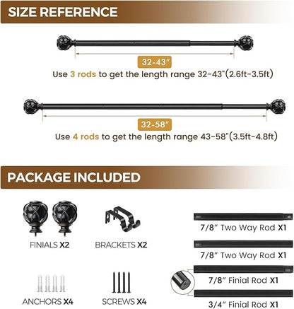 KAMANINA Black Curtain Rod 32 to 58 Inch(2.6-4.8Ft), Adjustable Heavy Duty Curtain Rods for Windows 28 to 48 Inch, 7/8 Inch Drapery Rods with Decorative Netted Texture End