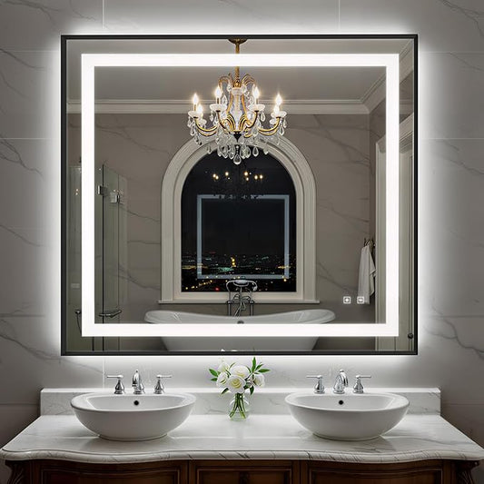 40X36 Inch LED Bathroom Mirror with Lights, Black Frame Frontlit+ Backlit Bathroom Vanity Mirror for Wall, Ultra-Clear Tempered Glass, Shatter-Proof, Anti-Fog and Memory Function, ETL Listed
