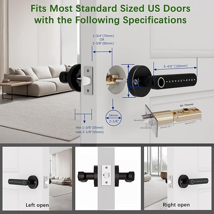 Smart Electronic Fingerprint Door Lock, Keyless Entry with Handle, Codes, APP, IC Cards, Fingerprints, Keys, for Home Bedroom Apartment (Black)
