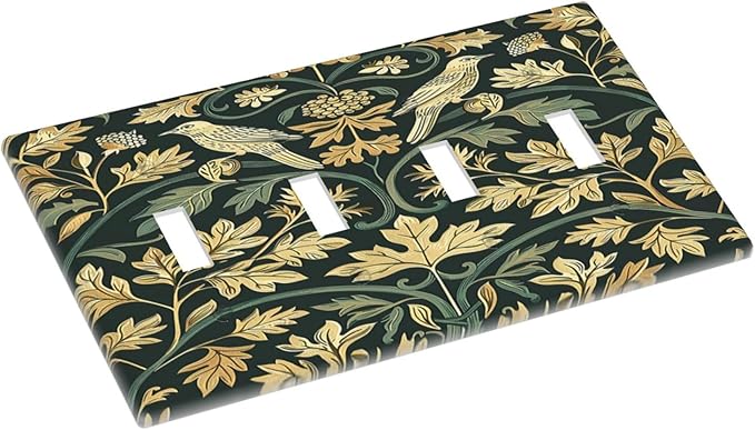 Light Switch Covers William Morris Vintage Botanical Birds Golden Green Leaves Quad Toggle Electrical Faceplate 4 Gang Wall Plate Decorative Switch Plates for Bedroom Home Decor