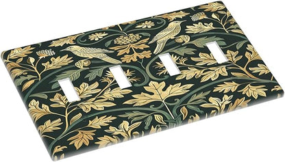 Light Switch Covers William Morris Vintage Botanical Birds Golden Green Leaves Quad Toggle Electrical Faceplate 4 Gang Wall Plate Decorative Switch Plates for Bedroom Home Decor