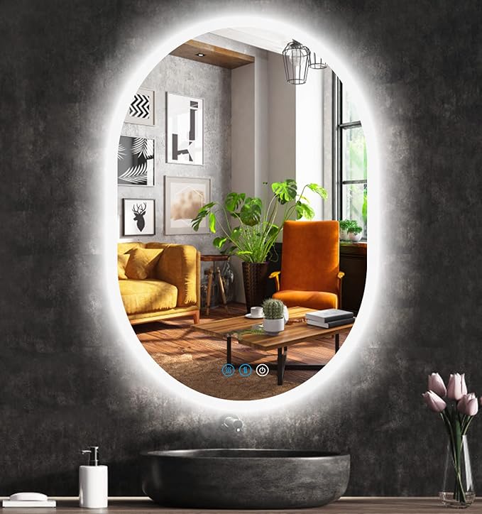 32 x 24 Inch Oval Backlit Mirror 3 Color Adjustable Brightness Backlits Oval Lighted Vanity Mirror for Bathroom Wall Horizontal Vertical Mount Antifog 32" Frameless LED Backlit Ovals Mirrors