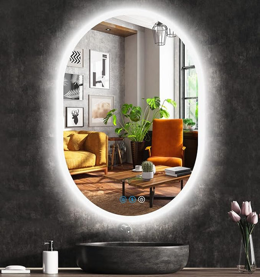 32 x 24 Inch Oval Backlit Mirror 3 Color Adjustable Brightness Backlits Oval Lighted Vanity Mirror for Bathroom Wall Horizontal Vertical Mount Antifog 32" Frameless LED Backlit Ovals Mirrors