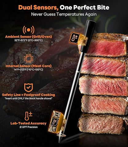 Beelicious Pro Wireless Meat Thermometer – Stable Bluetooth Smart Probe with ±1.8℉ Accuracy, 0.5s Fast Response & Long-Lasting Battery, IP67 Waterproof, App Controlled for Grill, Oven, Air Fryer
