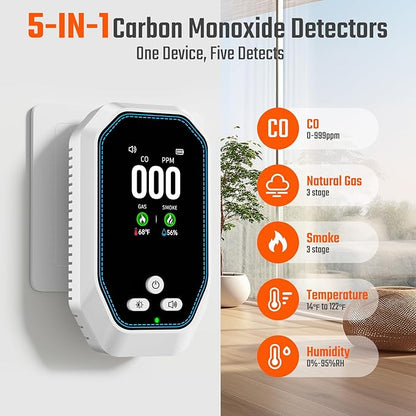 5-in-1 Carbon Monoxide Detectors Plug in, Natural Gas Leak & Smoke Alarm with Temp/Humidity, Battery Backup, CO Detector with LCD Display, Propane Gas Monitor for Home Hotel Travel Camping RV