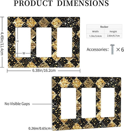 Gold Black Marble Geometric Plaid Glitter Light Switch Covers 3 Gang Rocker Decorative Triple Outlet Wall Plate Cover Electrical GFCI Switchplate for Bedroom Bathroom Decor