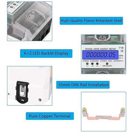3 Phase Power Meter DTM024 Digital LCD Display Energy Meter Electric Kilowatt Hour Meter, 220/380V 5-80A