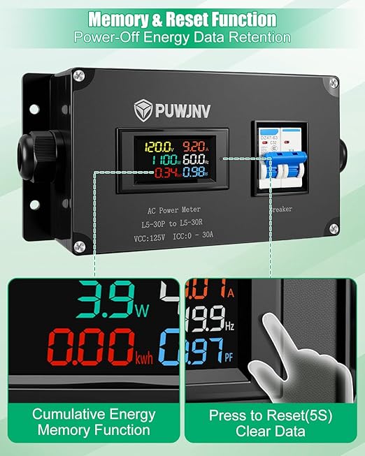 30A AC Power Meter, 125V L5-30P to L5-30R Outlet Energy Monitor, LCD Display Digital Multimeter Tester, Voltage Current Power Frequency Meter with Overload Protection