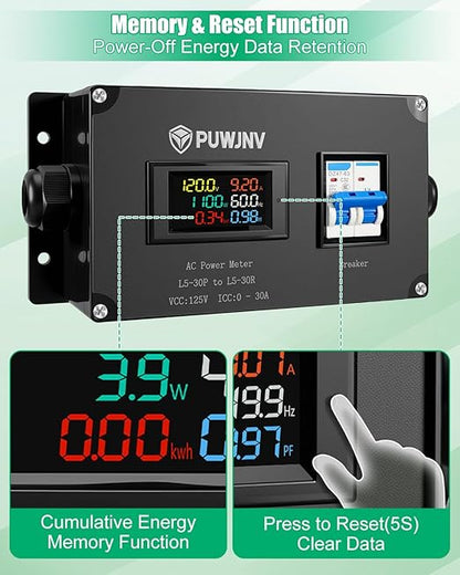 30A AC Power Meter, 125V L5-30P to L5-30R Outlet Energy Monitor, LCD Display Digital Multimeter Tester, Voltage Current Power Frequency Meter with Overload Protection