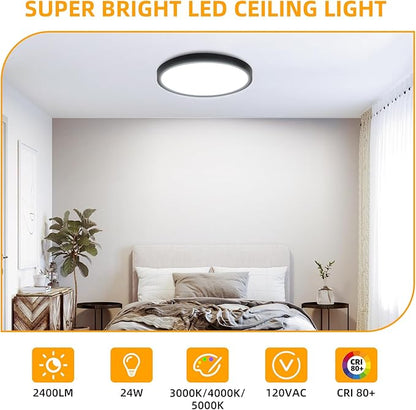Hlite 2pack 12 inch Flush Mount LED Ceiling Light Fixture,24W 2400LM Super Slim Light Fixtures Ceiling Mount 3000K/4000K/5000K 3CCT Selectable,Light Fixtures for Kitchen,Bedroom (Black)