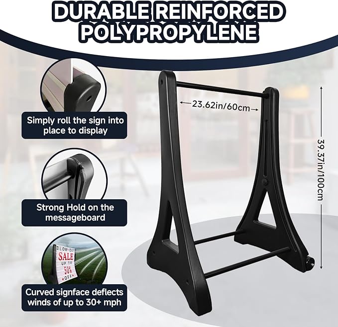 24"x39" Changeable Message Board Sidewalk Sign, Standard Portable A-Frame Sign & Letter Kit for Outdoor,Business, Large Black Standing Frame with Wheels, Water-Fillable and Wind-Resistant