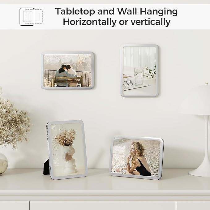Axeman 4x6 Picture Frame-Metal Rounded Corner Frame 4x6, 4''x6''Photo Frame with Tempered Glass,Tabletop and Wall Display, One-Piece 4 By 6 Metal Picture Frame for images, Silver