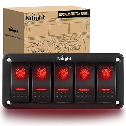 Nilight 5 Gang Rocker Switch Panel 5Pin On Off Toggle Aluminum Holder 12V 24V Dash Pre-Wired Red Backlit Switches for Automotive Cars Marine Boats RVs Truck