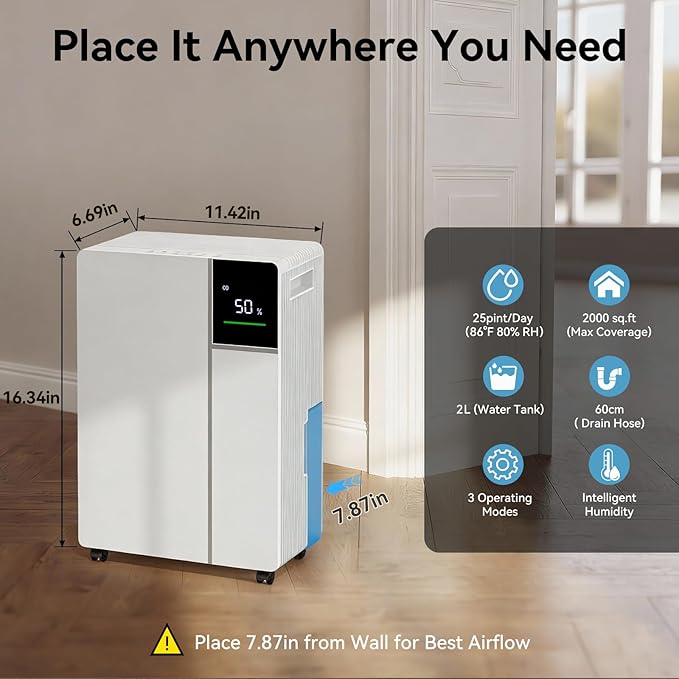2000 Sq.Ft 25 Pints Dehumidifier with Drain Hose, 32dB Sleep Mode Dehumidifiers for Home, Intelligent Humidity Control, 3 Modes, Auto Off, Safe Dehumidifier for Basement, Bedroom Bathroom Garage RV