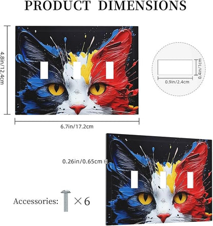 Decorative Light Switch Cover Plate Colorful Doodle Cute Funny Black Red White Cat 3 Gang Wall Plate Oversized Triple Toggle Switch Cover Plate Jumbo Faceplate