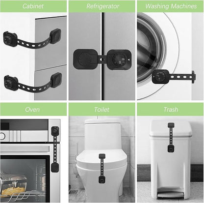 Songaa Child Safety Cabinets Strap Locks 4 Pack - Adjustable Baby Proofing Cabinet Latches for Drawers, Oven, Dishwasher, Fridge, Toilet Seat, Trash Can, with 3M Adhesive Pads - Black