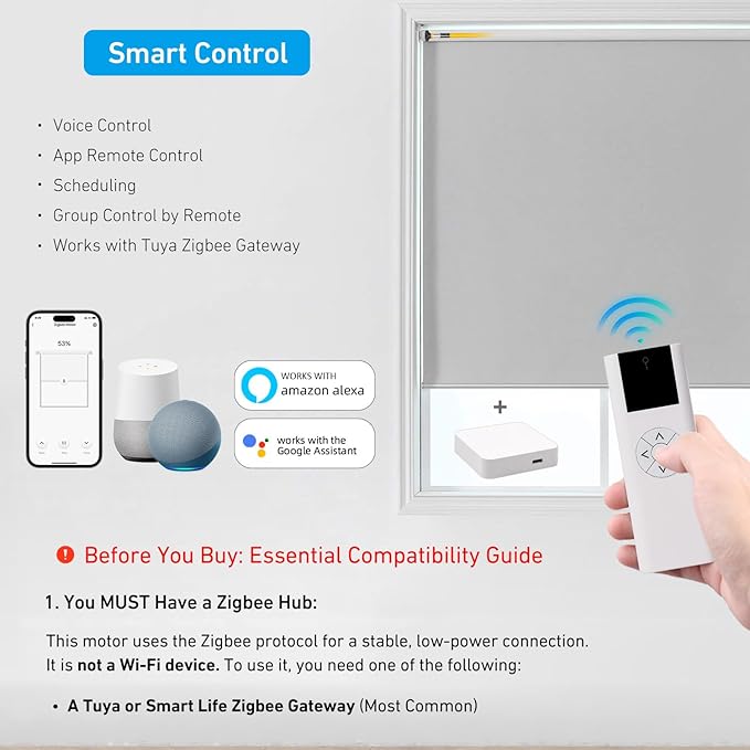 AM22 Zigbee Smart Roller Shade Motor for 32mm Tubes - Rechargeable Battery, Compatible with Alexa & Google Home via Tuya Zigbee Gateway, Voice & App Control