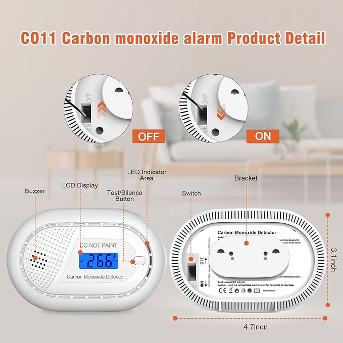 Carbon Monoxide Detectors with 10-Year Battery, Digital LCD Display, LED Flashing Signal Lights Portable CO Monitor Alarm for Travel, RV, Home, and Depot (1 Pack)