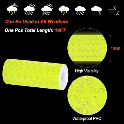 PATIKIL 4 Inch x 10 ft Reflective Tape, 1 Roll Waterproof Self Adhesive High Visibility Caution Warning Safety Tape Reflector with Scraper for Trucks Trailers Cars, Bright Yellow