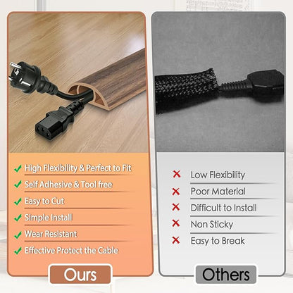 Floor Cord Cover for Wires on Floor Self Adhesive Cord Hider Floor Cable Management Wire Covers for Cords Protector Prevent Cable Trips Cord Cavity W 0.47" x H 0.27", Misty Brown Wood, 10Ft