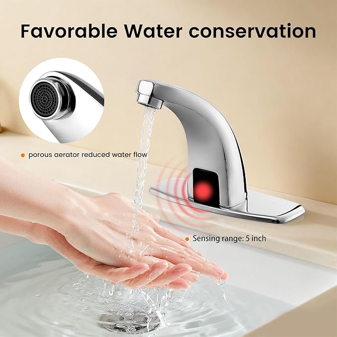 Touchless Bathroom Sink Faucet，Automatic Motion Sensor Faucets with 1 Hole Plate for Water Bath Commercial Lavatory Farmhouse, Chrome