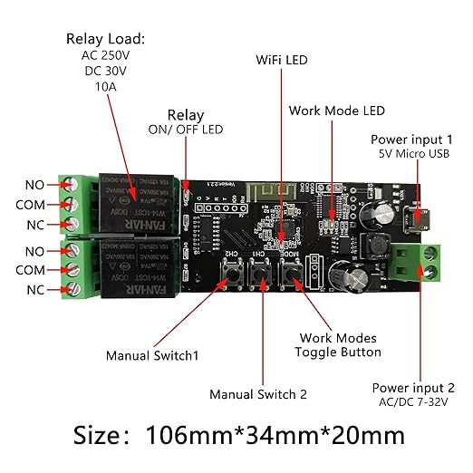 Jane Eyre 2 Channel WiFi Momentary/Self-Locking Relay Switch Module DC 7-32V DIY Switch Module TUYA/SmartLife APP Remote Switch Relay Compatible with Alexa Echo Google Home