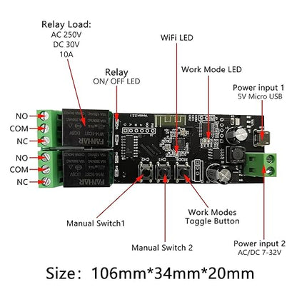 Jane Eyre 2 Channel WiFi Momentary/Self-Locking Relay Switch Module DC 7-32V DIY Switch Module TUYA/SmartLife APP Remote Switch Relay Compatible with Alexa Echo Google Home