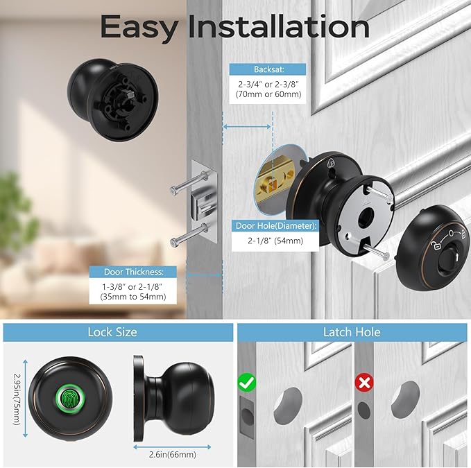 GeekTale Fingerprint Door Lock for Bedrooms, Fingerprint Door Knob with Lock, Smart Door Lock, App Control, Back-up Keys, Thumbprint Door Knob for Bedrooms, Office, Apartment