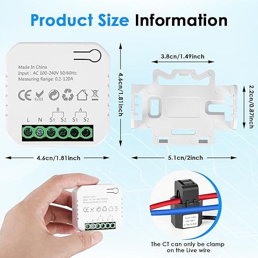 Smart Home Energy Monitor, with 2 x 120A CTs, Bi-Directional Power Tracking, Real-Time Electricity Usage Monitor, 2.4GHz Wi-Fi, Compatible with Tuya/Smart Life Apps