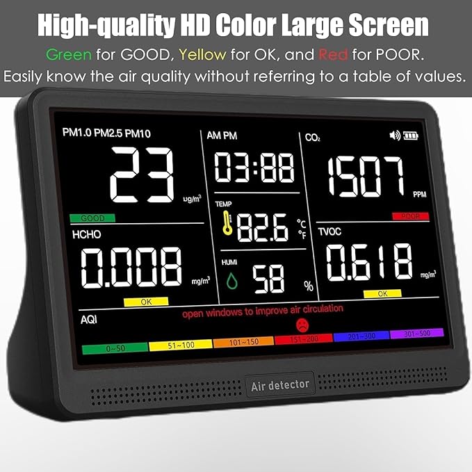 Professional Indoor Air Quality Monitor with 7X AQI Alarms,16 in 1 Portable Real-Time Detector for PM2.5 | PM10 | CO2 | TVOC | HCHO | Temp | Hum for Home Cars Plants Pets