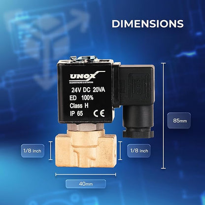 UNOX 1/8" NPT Solenoid Valve 24V DC, Brass Control Valve Normally Closed - 0-232 PSI Multi-Purpose Reliable Control Valve for Water, Air, and Gas - Solenoid Valves