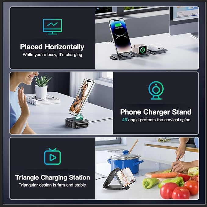 JARGO 3 in 1 Wireless Charging Station for Apple Devices, Foldable iPhone Charging Station for iPhone 17/16/15/14/13/12, Apple Watch & AirPods with Magsafe, Travel Essentials Wireless Charger (Black)