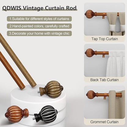 2 Pack Dark Brown Wood Curtain Rods for Windows 48 to 84 Inch, 1'' Adjustable Heavy Duty Curtain Rod，Vintage Imitation Wood Decorative Drapery Rods with Pumpkin Finials for Bedroom Living Room