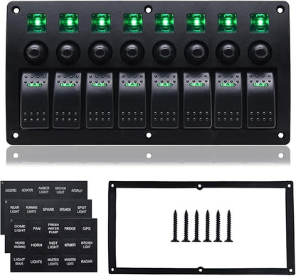 Geloo 8 Gang Marine Rocker Switch Panel, Boat Switch Panel Waterproof, Marine Switches Panel, 12V Aluminum Switch Panel for Car RV Truck Green LED Toggle Switches with Circuit Breaker (Green)