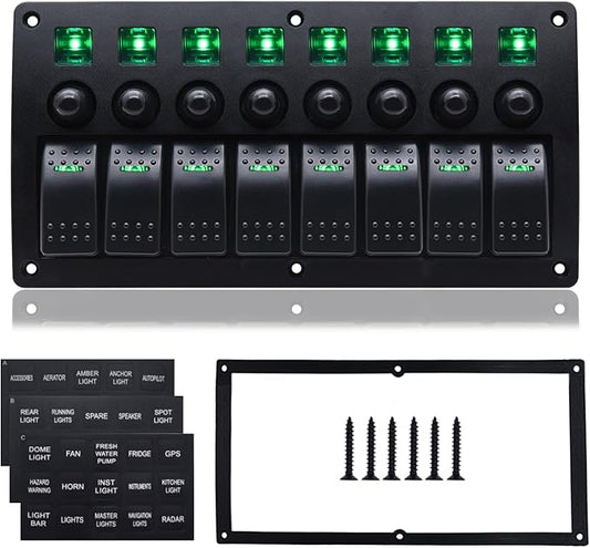Geloo 8 Gang Marine Rocker Switch Panel, Boat Switch Panel Waterproof, Marine Switches Panel, 12V Aluminum Switch Panel for Car RV Truck Green LED Toggle Switches with Circuit Breaker (Green)