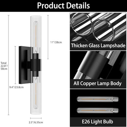 YUYI Black Wall Sconces, 22.8'' Wall Light Set of Two for Bathroom Vanity, Modern Wall Lighting Fixtures with Glass Shade, Indoor Wall Sconces for Bathroom, Bedroom, Living Room, Hallway, Fireplace