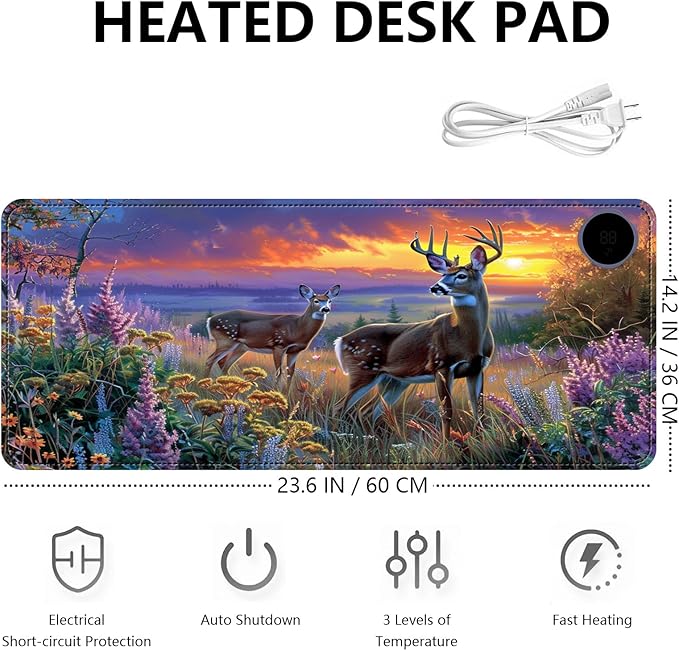 Heated Mouse Pad with 3 Levels Heated & 3 Hours Auto Shut-Off Mouse Pad for Warming Hands in Office Home, 23.6" x 14.2"Large Safe Desk Mat Hand Warmer，Elk Lavender