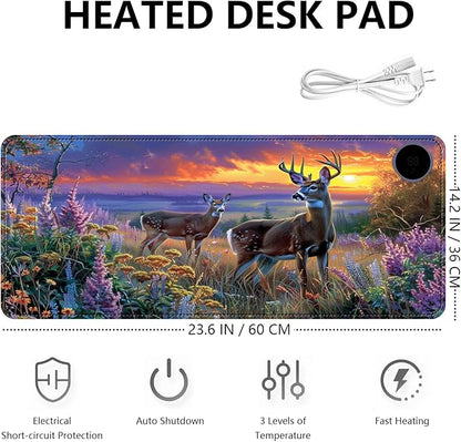 Heated Mouse Pad with 3 Levels Heated & 3 Hours Auto Shut-Off Mouse Pad for Warming Hands in Office Home, 23.6" x 14.2"Large Safe Desk Mat Hand Warmer，Elk Lavender