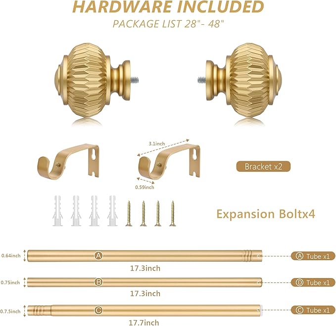 Gold Curtain Rods for Windows 28 to 48 Inches 6/8 Inch Adjustable Heavy Duty Curtain Rods with Lantern Ball Finials,Window Treatment Single Curtain Rod Set
