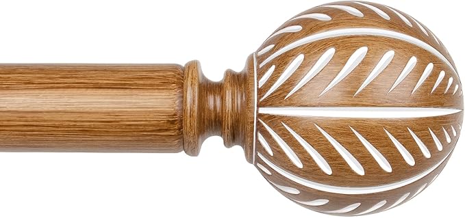 KAMANINA Wood Curtain Rods for Windows 48 to 84 Inch(4-7ft), 1 Inch Adjustable Drapery Rod, Decorative Heavy Duty Curtain Rods with Leaf Pattern Finials, Wood Grain