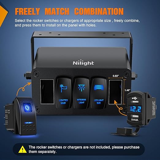 Nilight 5 Gang Rocker Switch Box 5 Holes Panel Detachable Installation Housing Waterproof Aluminum Rotatable Mount Bracket 12V 24V DIY Toggle Switches Voltmeter USB Socket for Boats Cars RVs Trucks