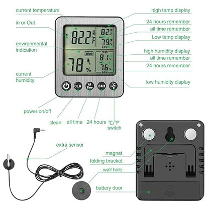2 Pack zz20 Digital Fridge Thermometer with Extra Sensor, Hygrometer - Max/Min Temp & Humidity, Black