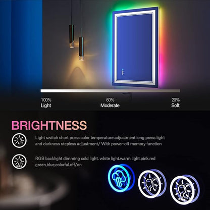 24x32 inch LED Bathroom Mirror RGB Color Changing Backlit Mirror Shatterproof Dimmable Anti-Fog Vanity Mirror with Double Lights (RGB Multicolor Backlit + Adjustable Front-Lighted)