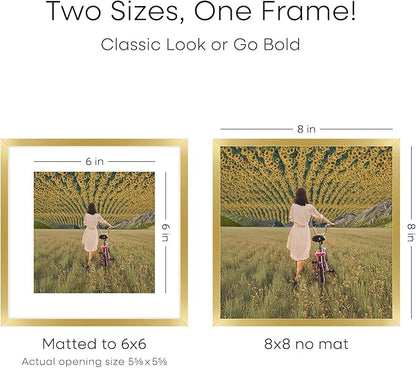 Homeforia 8x8 Picture Frame Gold, High End Metal 8 x 8 Square Photo Frames with Mat 6 by 6, 8x8 Poster Frame Matted to 6x6 inches Print, 8by8 Wall or Tabletop Frame, Tempered Glass, Wall Kit, Set of 4