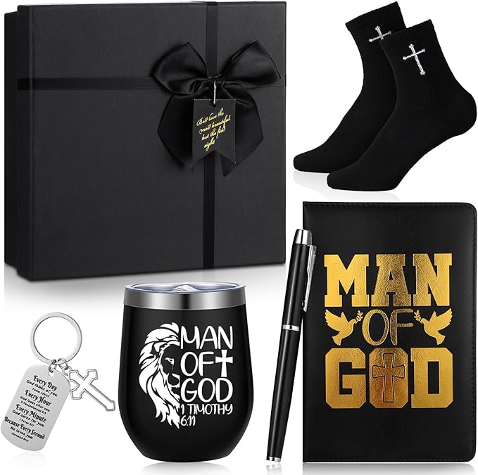 6 Pcs Christmas Christian Gifts for Men Man of God Religious Faith Gifts Tumbler Bible Verse Keychain Socks Pen Man of God Notebook Box for Male Pastor Clergy Catholic Church Birthday