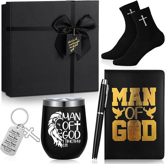 6 Pcs Christmas Christian Gifts for Men Man of God Religious Faith Gifts Tumbler Bible Verse Keychain Socks Pen Man of God Notebook Box for Male Pastor Clergy Catholic Church Birthday
