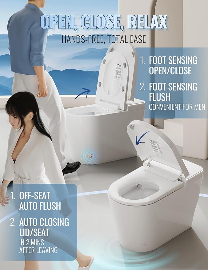 Smart Toilet with Bidet Built in, Auto Open/Close, Foam Shield, Foot Sensing Operation, Built-in Tank & Pump-Assisted Auto Flush, Wider Heated Seat, Luxury One Piece Elongated Bidet Toilet