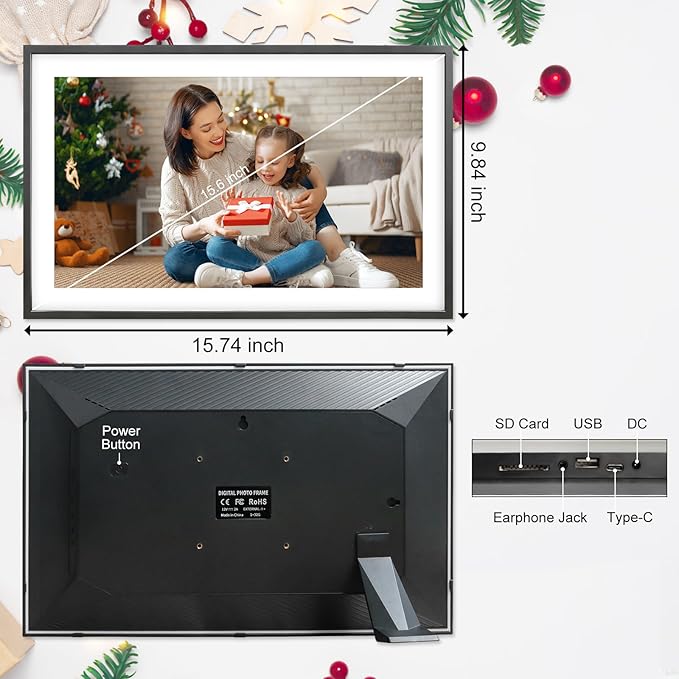 Digital Picture Frame 15 Inch Large Frameo Digital Photo Frame，32GB, 1920 * 1080 IPS HD Touch Screen, Electronic Picture Frame IPS Touch Screen with Auto-Rotate, Frameo Digital Frame WiFi